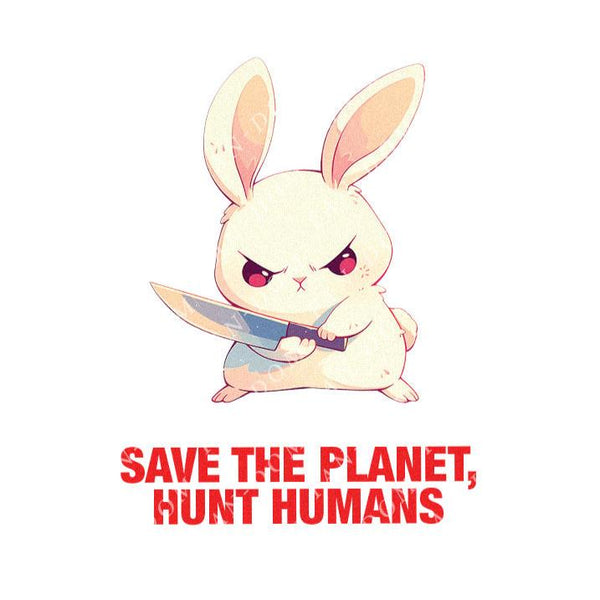 Save The Planet, Hunt Humans - Cute Rabbit  Knife | Editable Text - Custom text shirts, totes and bags