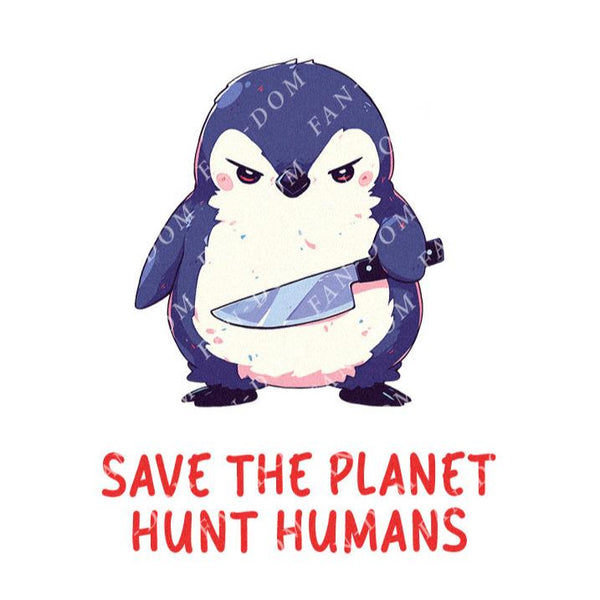 Save The Planet Hunt Humans - Cute Penguin Knife | Editable Text - Custom text shirts, totes and bags