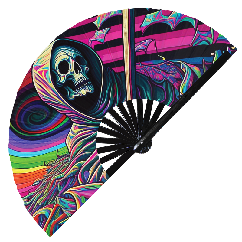 Grim Reaper Trippy hand fan foldable bamboo circuit rave hand fans Psychedelic Rainbow party gear gifts music festival rave accessories