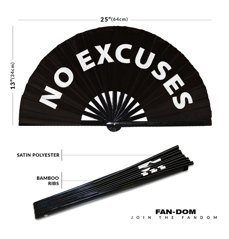 No Excuses hand fan foldable bamboo circuit rave hand fans Slang Words Fan outfit party gear gifts music festival rave accessories