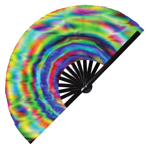 psychedelic iridescent trippy fan large hand fan folding fan rave fan rainbow party colorful party optical illusion acid trippy rave accessories holographic hypnotic designs neon kaleidoscope