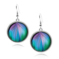 Butterfly Wings Circle silver earrings UV glow holographic Monarch Pattern iridescent rainbow butterflies Print round shape drop jewelry