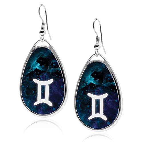 Zodiac Signs Symbols Teardrop silver earrings UV glow Stainless Dangling Birth Signs Accessory tear shape drop jewelry