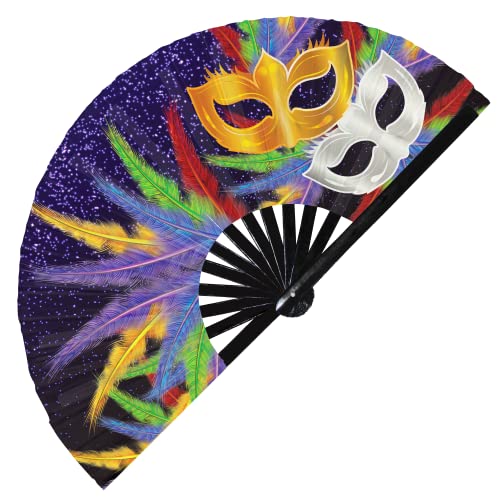 Mardi Gras Carnival Foldable Large Hand Fan UV Glow Mask Accessories Beads Costume Wear UV Fans Outfit Rave Festival Fan