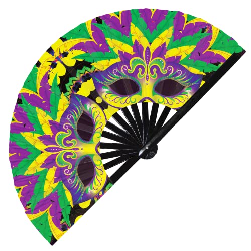 Mardi Gras Carnival Foldable Large Hand Fan UV Glow Mask Accessories Beads Costume Wear UV Fans Outfit Rave Festival Fan