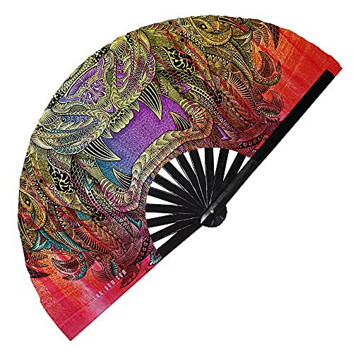 Lion Line Art Foldable Hand Fan UV Glow Colorful Holographic Lion Large Bamboo Hand Fan pyschedelic Reactive Fans Trippy Hand Fan Rave Fan