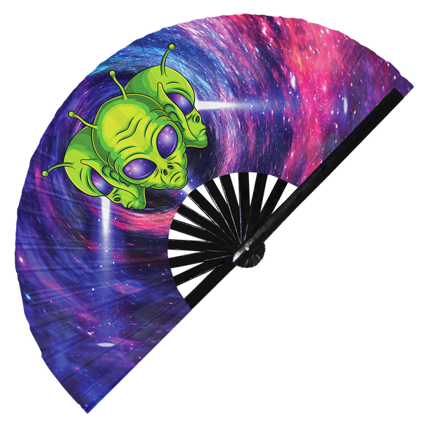 Alien hand fan foldable bamboo circuit rave hand fans UFO Outer Space Extraterrestrial Aliens Head Artwork Trippy Galaxy Psychedelic Rainbow Fan outfit party gear gifts music festival rave accessories