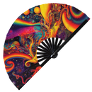 Acid Trippy hand fan foldable bamboo circuit rave hand fans Neon Psychedelic Rainbow Galaxy Cyberpunk Futuristic Lasers Iridescent Space party gear gifts music festival rave accessories 