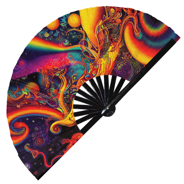 Acid Trippy hand fan foldable bamboo circuit rave hand fans Neon Psychedelic Rainbow Galaxy Cyberpunk Futuristic Lasers Iridescent Space party gear gifts music festival rave accessories 