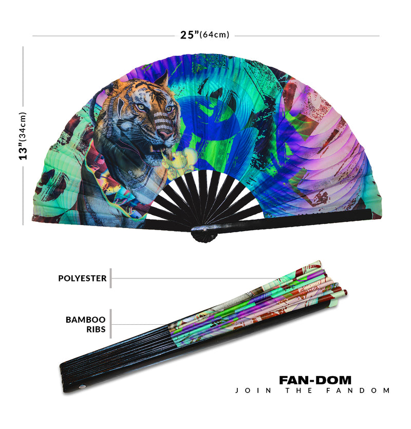 Tiger Hand fan Snap fan Festival large hand fan Clack fan UV reactive fans UV glow rave accessories EDM folding fans