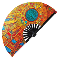 Aztec hand fan foldable bamboo circuit rave hand fans Tribal Mayan Colorful Traditional Pattern Abstract Mandala Quetzalcoatl Ornaments party gear gifts music festival rave accessories 