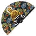 Buddha hand fan foldable bamboo circuit rave hand fans Buddhism Golden Buddha Head Statue Floral Lotus Mandala Artwork Fan outfit party gear gifts music festival rave accessories