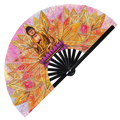 Buddha hand fan foldable bamboo circuit rave hand fans Buddhism Golden Buddha Head Statue Floral Lotus Mandala Artwork Fan outfit party gear gifts music festival rave accessories