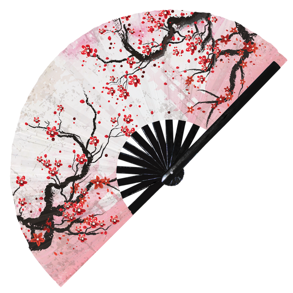 Sakura Blossoms Hand Fan UV Glow Foldable Bamboo Fan Japanese Cherry Blossoms branches tree decor spring flowers sakura tree Handheld Rave Party Event Concert Fans