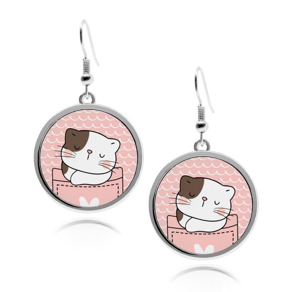 Cute Cat Pockets circle earrings silver round earrings Stainless Dangling Ornament Funny cartoon kittens cat lovers Accessory Round Drop jewelry for women