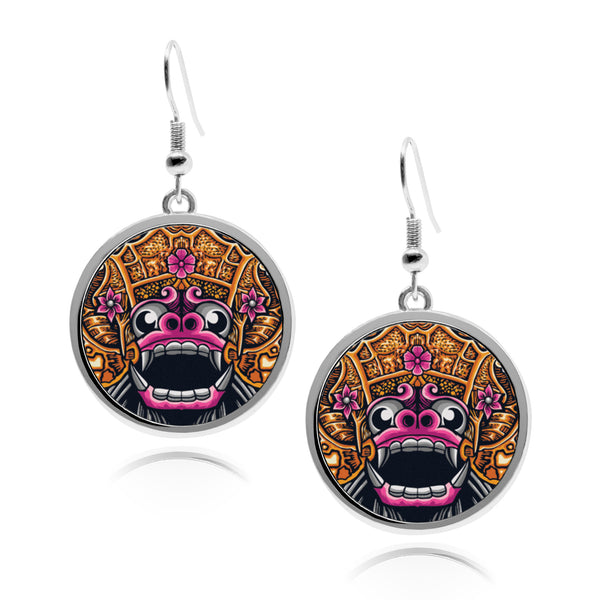 Balinese Barong Mask circle earrings silver round earrings Stainless Dangling artwork ornament artwork decor bali culture indonesia traditional barong garuda rangda cultural Accessory dangle cartilage earring jewelry for women