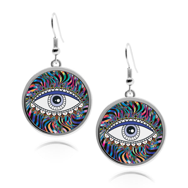 Evil Eye circle earrings silver round earrings Stainless Dangling artwork mexican evil eye decor iridescent holographic pyschedelic Accessory dangle cartilage earring jewelry for women