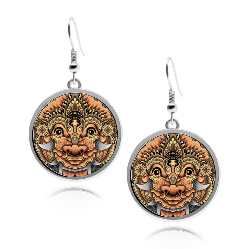 Balinese Barong Mask Circle silver earrings for women UV glow Stainless Dangling bali culture indonesia traditional garuda rangda Accessory dangle cartilage earring jewelry