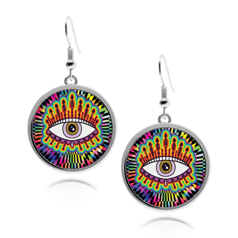 Evil Eye Circle silver earrings for women UV glow Stainless Dangling mexican evil eye decor iridescent holographic pyschedelic Accessory dangle cartilage earring jewelry