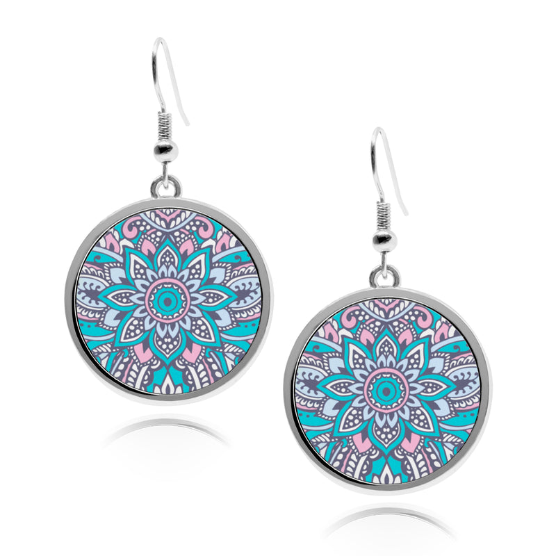 Henna Tattoo Circle silver earrings for women UV glow Stainless Dangling holographic iridescent rainbow stencil Accessory dangle cartilage earring jewelry