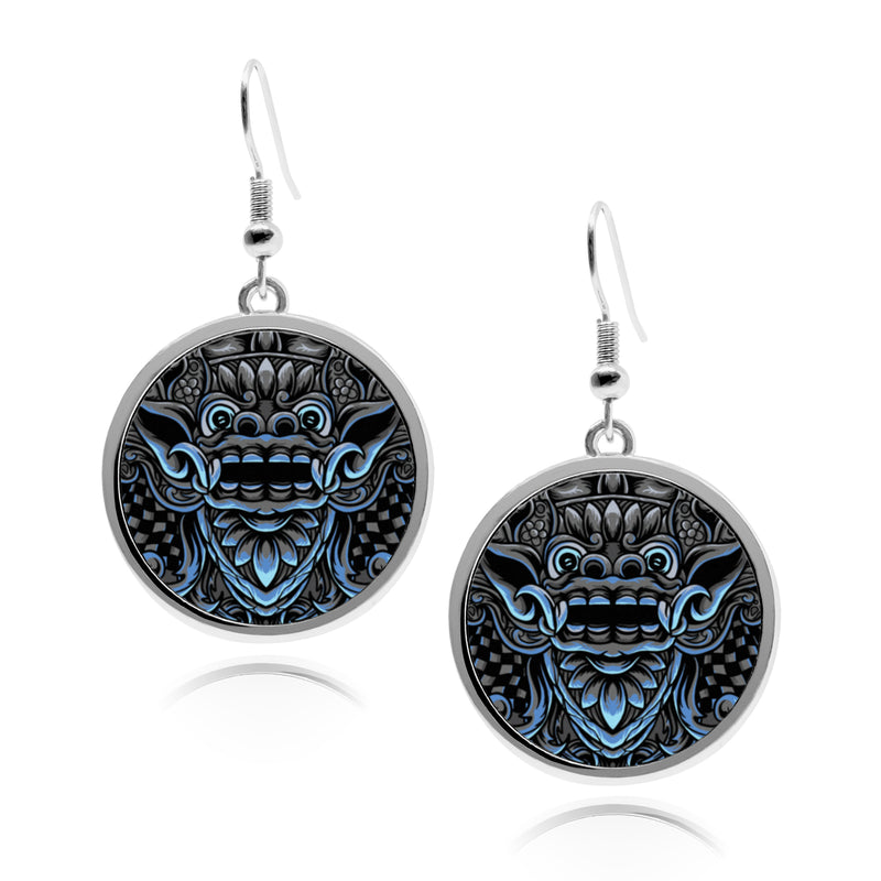 Balinese Barong Mask Circle silver earrings UV glow Stainless Dangling Ornament Artwork Decor Bali Culture Indonesia Garuda Accessory Round Drop jewelry