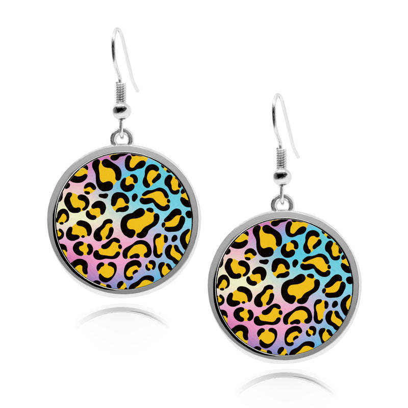 Leopard Print Circle silver earrings UV glow holographic Jaguar Pattern iridescent rainbow Cheetah Spots Print Round Drop jewelry
