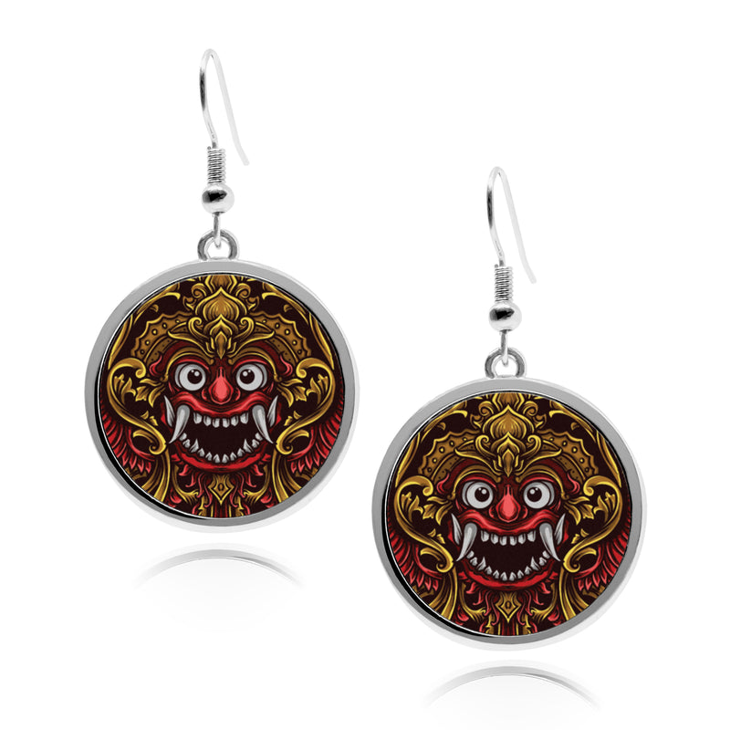 Balinese Barong Mask Circle silver earrings UV glow Stainless Dangling Ornament Artwork Decor Bali Culture Indonesia Garuda Accessory Round Drop jewelry