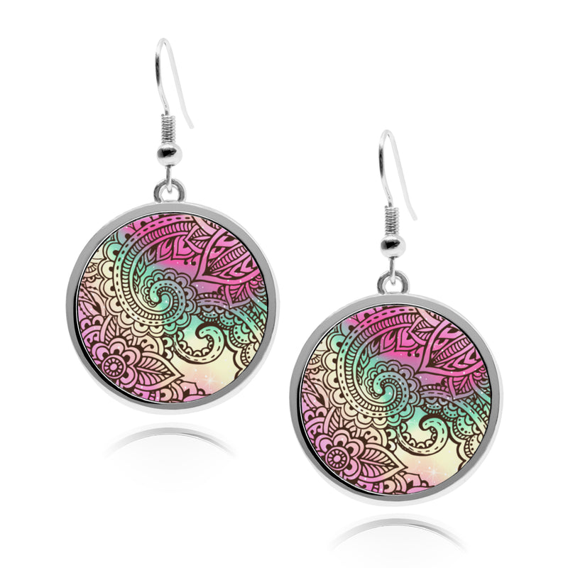 Henna Tattoo Circle silver earrings for women UV glow Stainless Dangling holographic iridescent rainbow stencil Accessory dangle cartilage earring jewelry