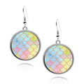 Mermaid Scales Circle silver earrings UV glow holographic sirena iridescent summer rainbow little mermaid scales fins Round Drop jewelry