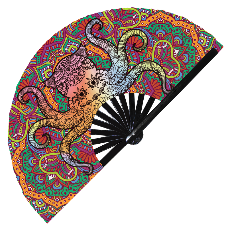 Octopus hand fan foldable bamboo circuit rave hand fans Angry Psychedelic Iridescent Rainbow Octopus Mandala Decor Animal Fan outfit party gear gifts music festival rave accessories