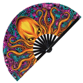 Octopus hand fan foldable bamboo circuit rave hand fans Angry Psychedelic Iridescent Rainbow Trippy Flip Octopus Mandala Decor Art Tentacles Animal Fan outfit party gear gifts music festival rave accessories