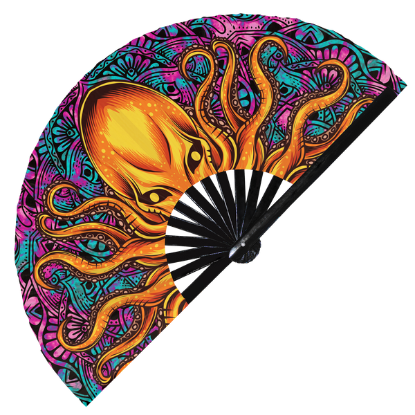 Octopus hand fan foldable bamboo circuit rave hand fans Angry Psychedelic Iridescent Rainbow Trippy Flip Octopus Mandala Decor Art Tentacles Animal Fan outfit party gear gifts music festival rave accessories