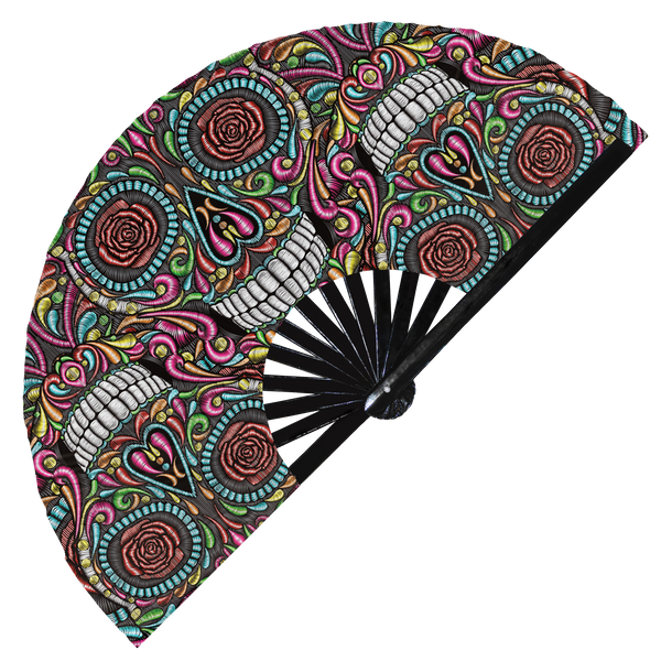 Dia De Los Muertos hand fan foldable bamboo circuit rave hand fans colorful sugar mexican skulls day dead huichol halloween skulls day of the dead mexico outfit party gear gifts music festival rave accessories