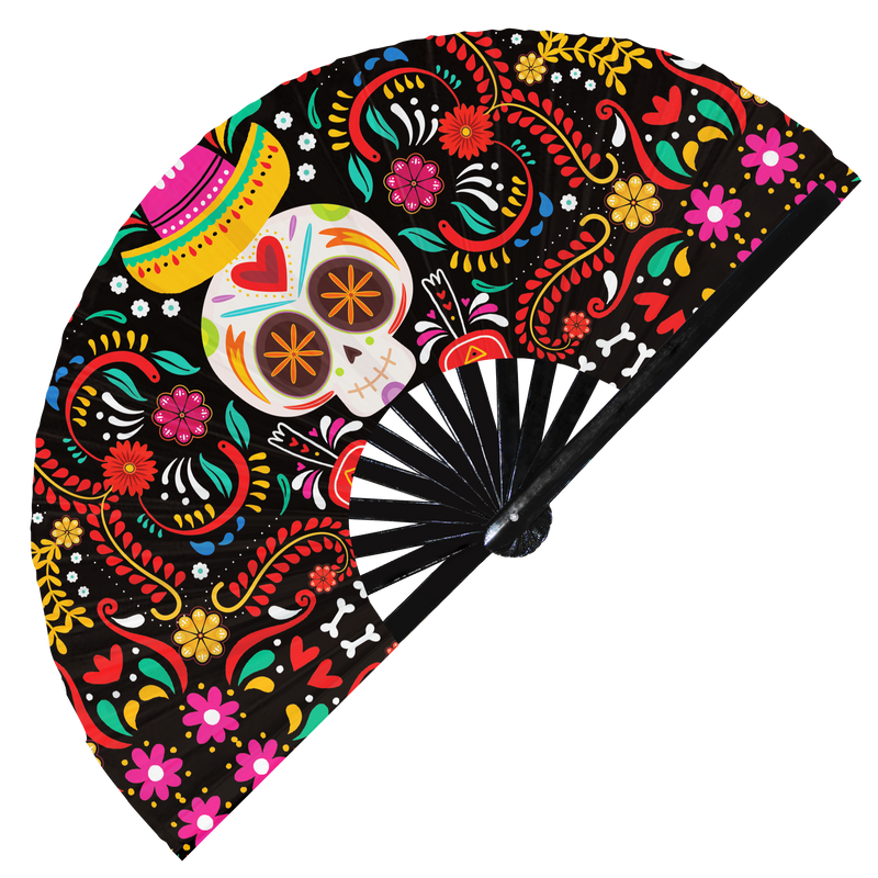 Dia De Los Muertos hand fan foldable bamboo circuit rave hand fans colorful sugar mexican skulls day dead huichol outfit party gear gifts music festival rave accessories