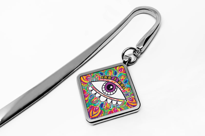 Evil Eye Tibetan Bookmark UV Glow Silver Hook Diamond Charms Stainless Steel Mexican Evil Eye Decor Iridescent Holographic pyschedelic Bookmarks for Women
