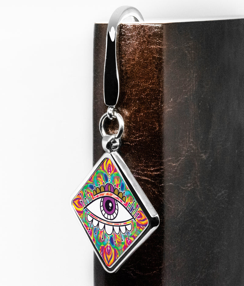 Evil Eye Tibetan Bookmark UV Glow Silver Hook Diamond Charms Stainless Steel Mexican Evil Eye Decor Iridescent Holographic pyschedelic Bookmarks for Women