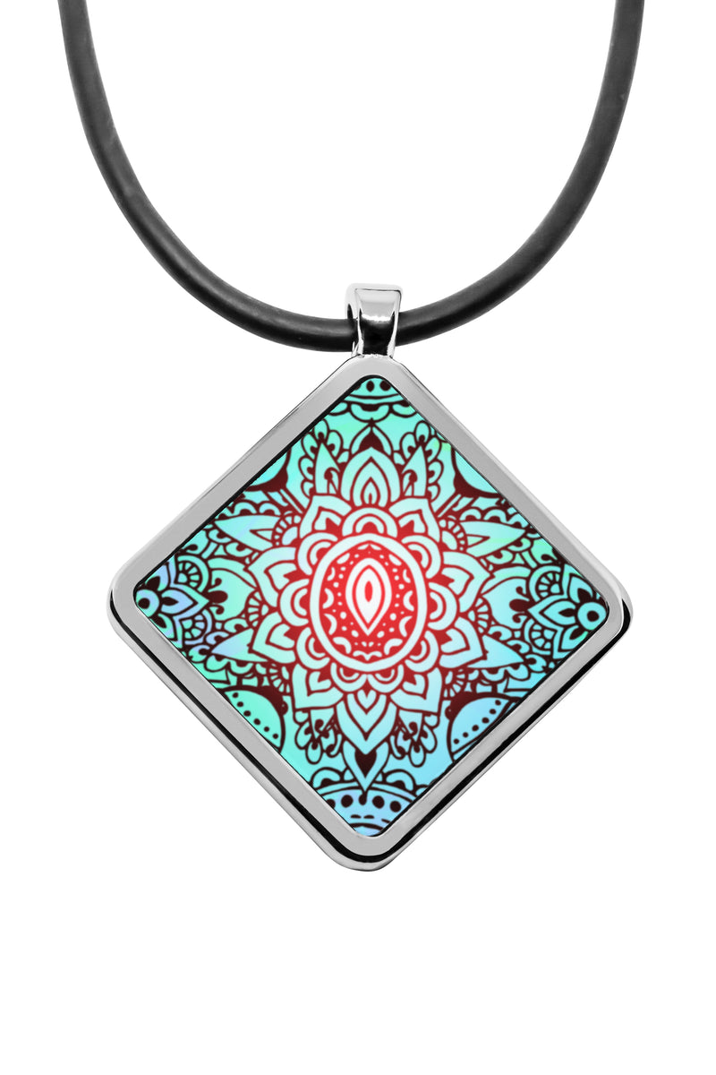 Henna Tattoo diamond pendant silver necklaces for women Square charm stainless steel holographic iridescent rainbow stencil jewelry necklaces for women