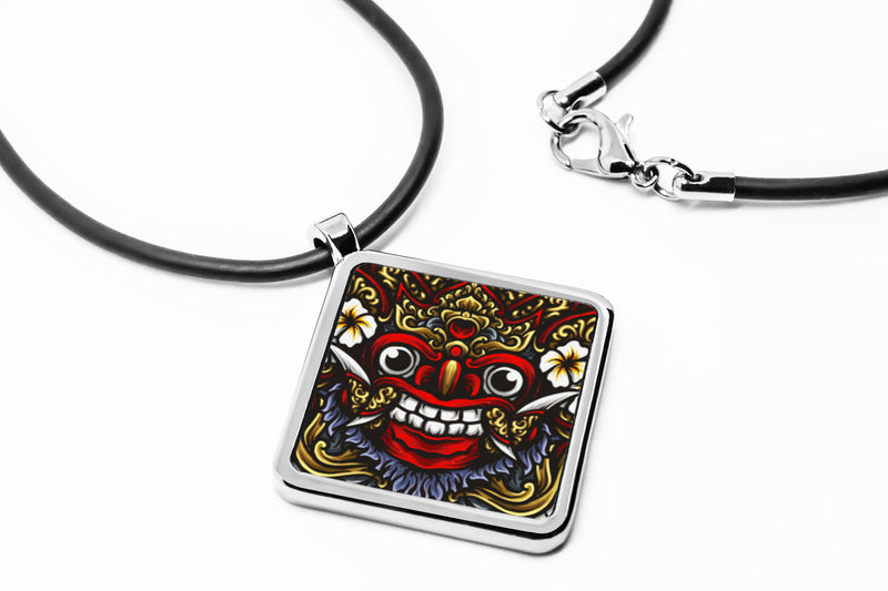 Balinese Barong Mask diamond pendant silver necklaces for women Square charm stainless steel bali culture indonesia traditional barong garuda rangda jewelry necklaces for women