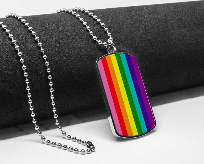 Pride Flag LGBTQA dog tag necklace Androgynous Butch Lesbian Demigender Drag Feather Gender Questioning Gilbert Baker Graysexual dog tag