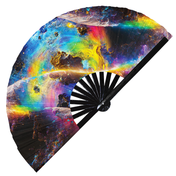 Galaxy hand fan foldable bamboo circuit rave hand fans Dreamy Fantasy Space Rainbow Nebula Stars Milky Way Abstract Universe party gear gifts music festival rave accessories 