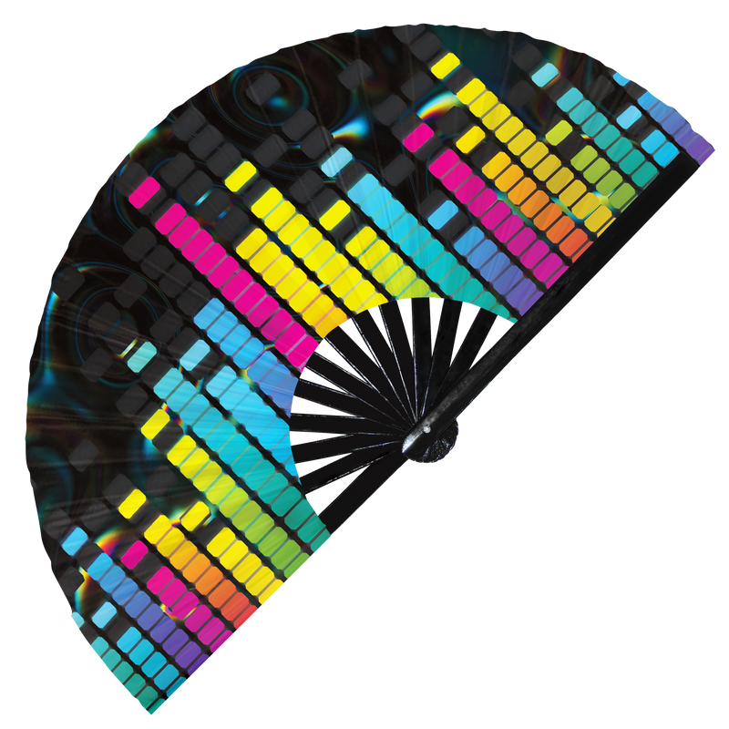 Equalizer hand fan foldable bamboo circuit rave hand fans Sound Waves effect oscillating stereo music audio pulse Fan outfit party gear gifts music festival rave accessories