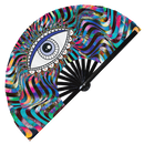 Evil Eye hand fan folding fan mexican evil eye decor iridescent holographic pyschedelic large hand fan bamboo japanese hand fan UV glow rave circuit party hand fan