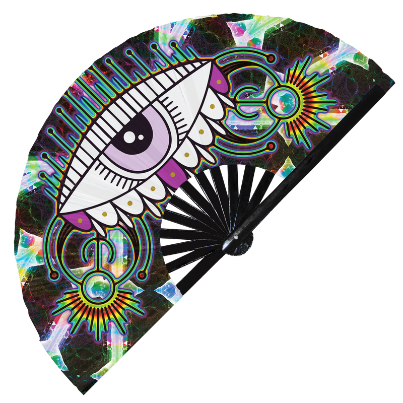 Evil Eye Hand Fan UV Glow Ornament Artwork Mexican Evil Eye Decor Iridescent Holographic pyschedelic Bamboo Japanese Folding Fan