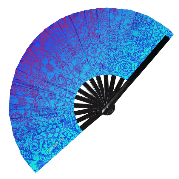 neon blue large hand fan, clack fan, folding fan, rave hand fan, dance fan, party fan, clack fan, graphic hand fan, flower hand fan, fantasy folding fan
