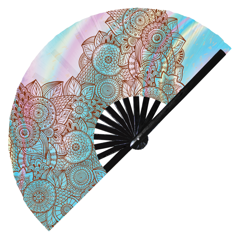 Henna Foldable Hand Fan UV Glow Colorful Holographic Psychedelic Henna Tattoo Art Iridescent Large Hand Fan UV Reactive Fans Trippy Rave Fan