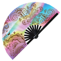 Henna Foldable Hand Fan UV Glow Colorful Holographic Psychedelic Henna Tattoo Art Iridescent Large Hand Fan UV Reactive Fans Trippy Rave Fan