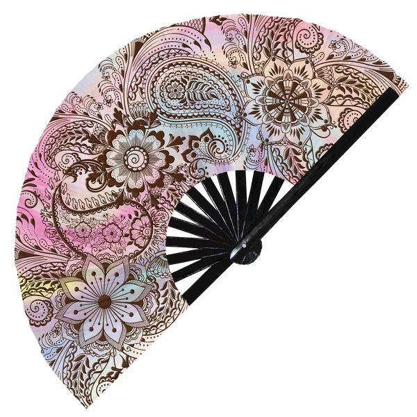 Henna Foldable Hand fan UV glow Colorful Holographic Psychedelic black Henna style Inkbox Tattoo Art Iridescent large hand fan UV reactive fans Trippy Rave fan