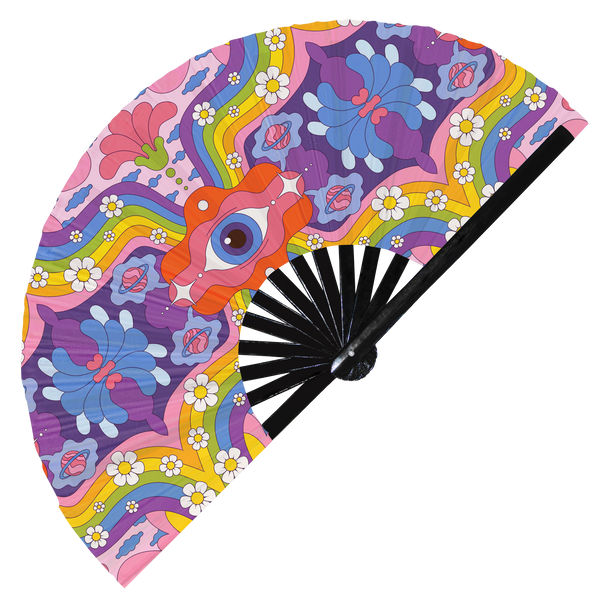 Hippie hand fan foldable bamboo circuit rave hand fans Groovy Retro Funky Hippy 70's 60's Psychedelic Rainbow Fan outfit party gear gifts music festival rave accessories