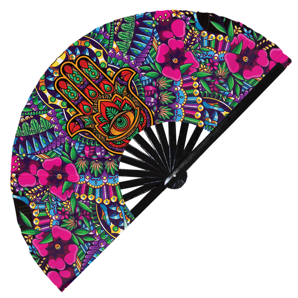 Hamsa hand fan foldable bamboo circuit rave hand fans Mandala Amulet Hand Fatima Eye tattoo religious symbol floral ornate Fan outfit party gear gifts music festival rave accessories