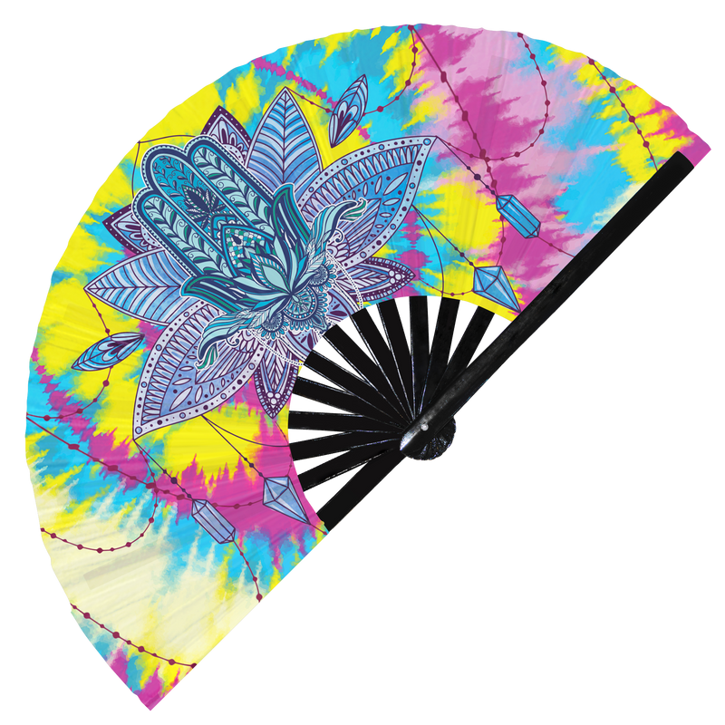 Hamsa hand fan foldable bamboo circuit rave hand fans Mandala Amulet Hand Fatima Eye tattoo Fan outfit party gear gifts music festival rave accessories
